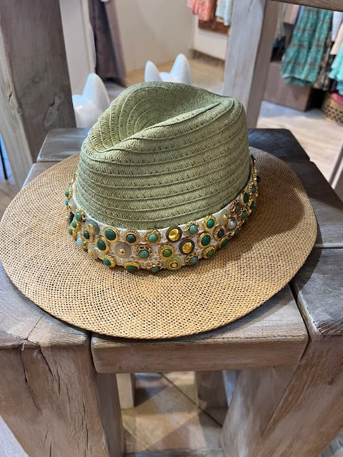 Ibiza hoed met steentjes, groen/beige
