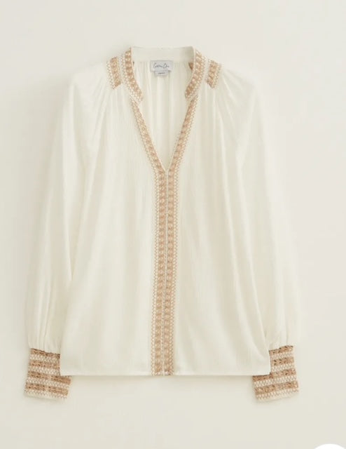 Blouse met gehaakte mouwen en borduursels, ecru/beige