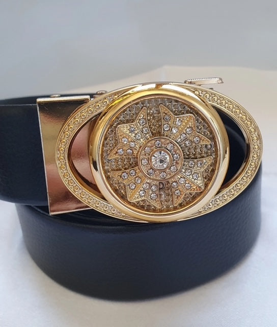 Riem met automatische gesp Stras Ster, PU leer, zwart/goud