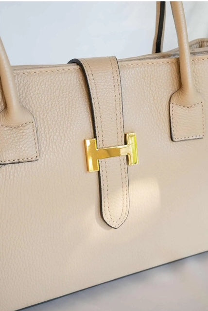 Tas echt leer met H sluiting, beige