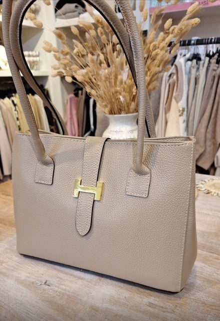 Tas echt leer met H sluiting, beige