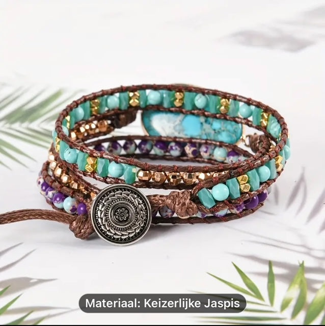 Ibiza leren wikkel armband, Jaspis (verstelbaar)