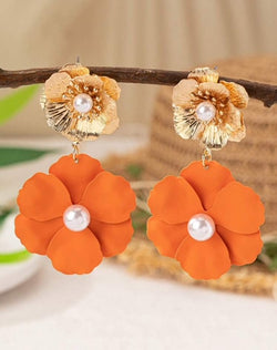 Oorbellen flowers met parel, oranje/goud