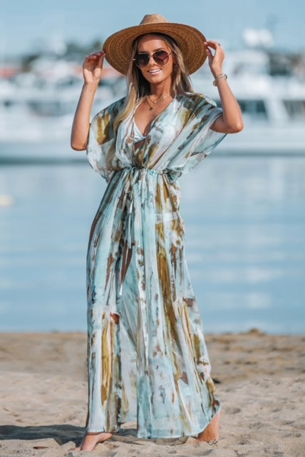 Kimono in Ibiza stijl, aqua/bruin