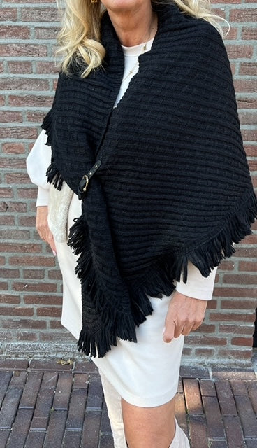 Poncho met leren riempje, zwart