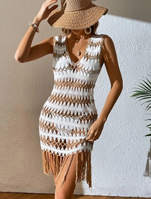 Ibiza Style , gehaakt strand jurkje , bruin/wit