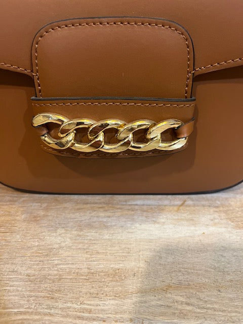 Tas echt leer , met gouden ketting, cognac