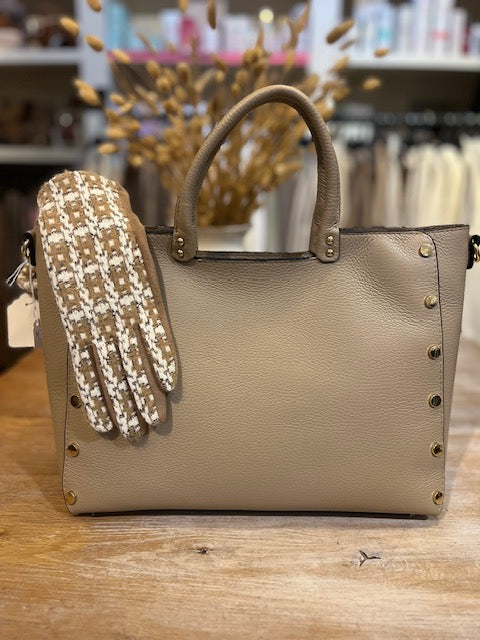 Tas echt leer met studs, beige