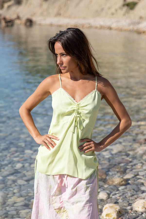 Isla ibiza bonita Short Sleeveless Singlet Summer Satin – Green SKU: 8122620-Spring Green