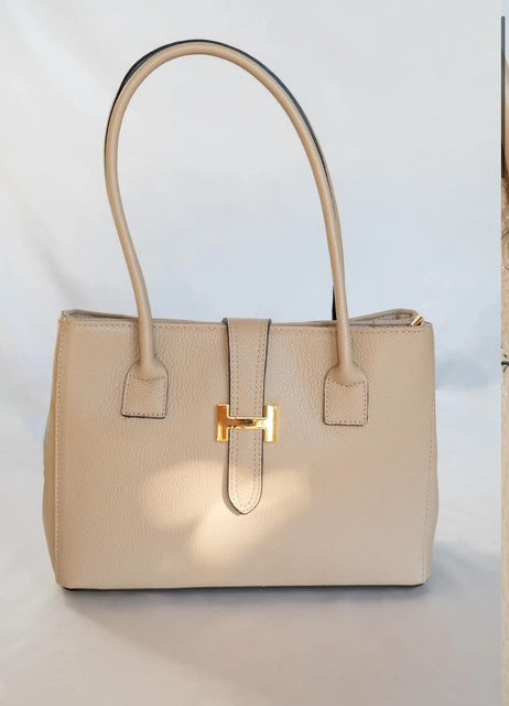 Tas echt leer met H sluiting, beige