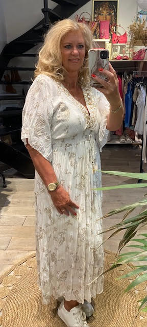 Ibiza jurk romantica met flair mouw , wit/goud