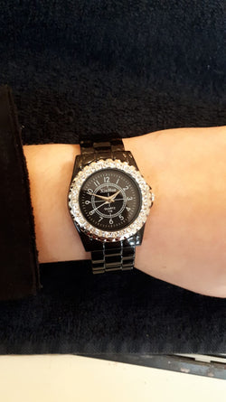 Horloge zwart met strass steentjes
