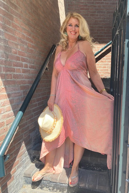 Ibiza halter jurk 100 % zijde zalm roze