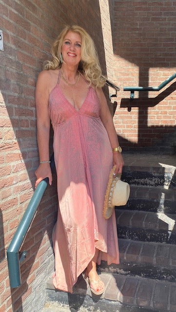 Ibiza halter jurk 100 % zijde zalm roze