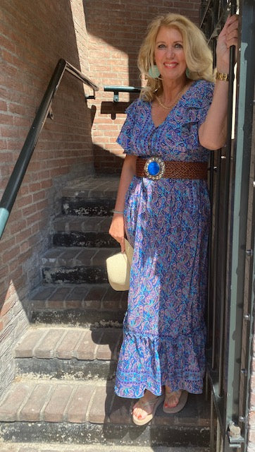 Ibiza jurk Paisley met ruffel mouw, kobalt blauw