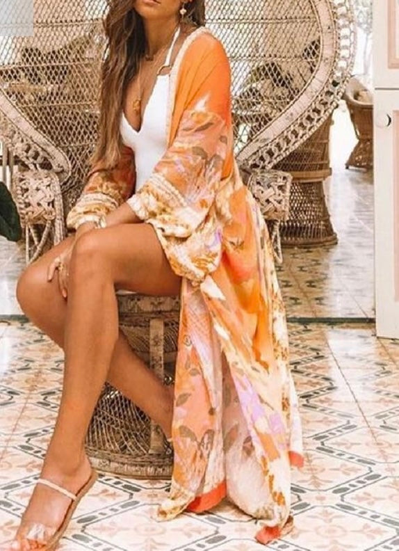 Kimono met flairmouw, peach/geel