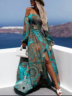 Ibiza off shoulder jurk , Turquoise/bruin