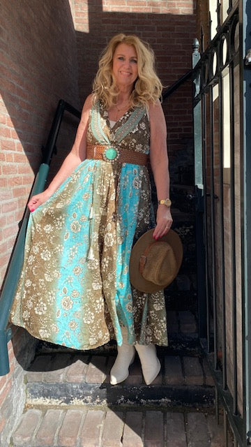 Ibiza jurk Samantha 100% zijde, aqua/legergroen