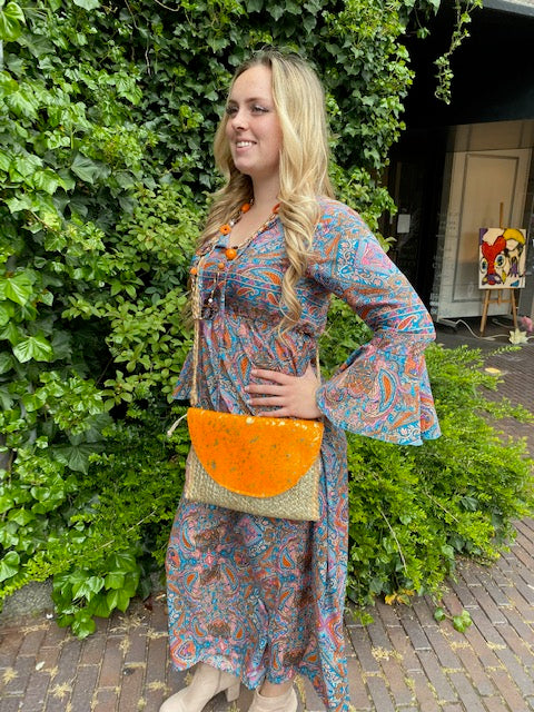 Ibiza/bohemian jurk, 100% zijde, blauw/oranje
