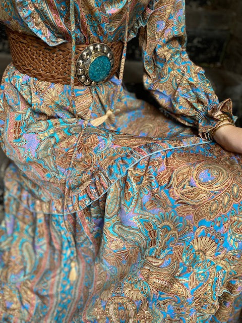Wikkel jurk Paisley aqua/lila/goud