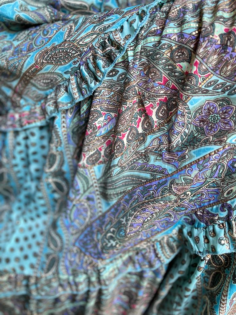 Ibiza jurk 100% zijde, aqua/lila